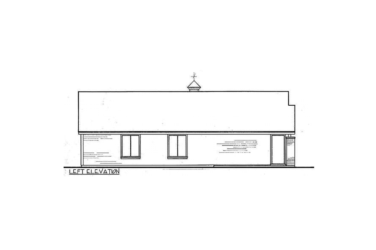 Left elevation drawing of a house plan featuring a cupola, three windows, and a door.