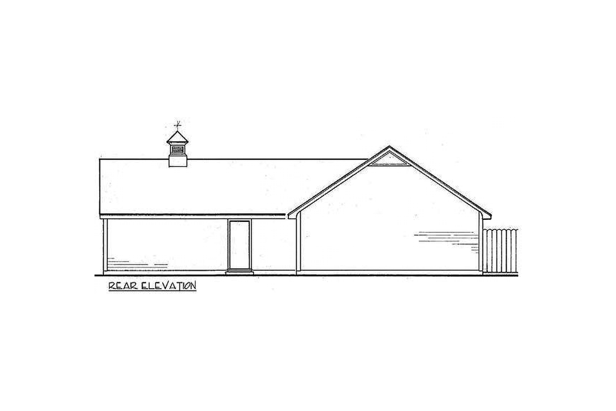 Rear elevation drawing of a house plan showing a gabled roof with cupola, a door, and a fenced area.