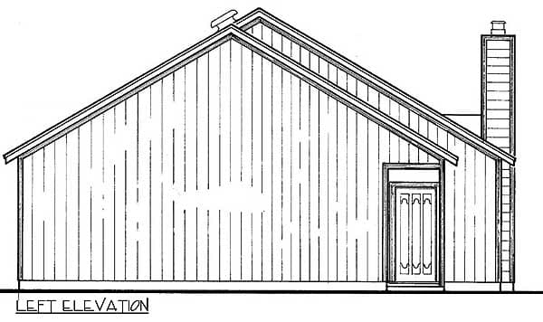 Left elevation drawing of a house plan featuring vertical siding, a prominent gabled roof, and a centrally located door with glass panes.
