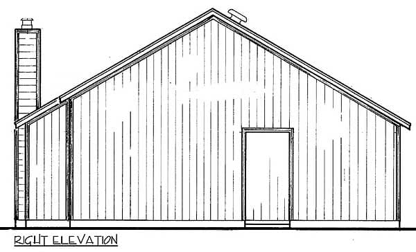 Right elevation drawing of a house plan with a prominent chimney, a single door, and a shed roofline.