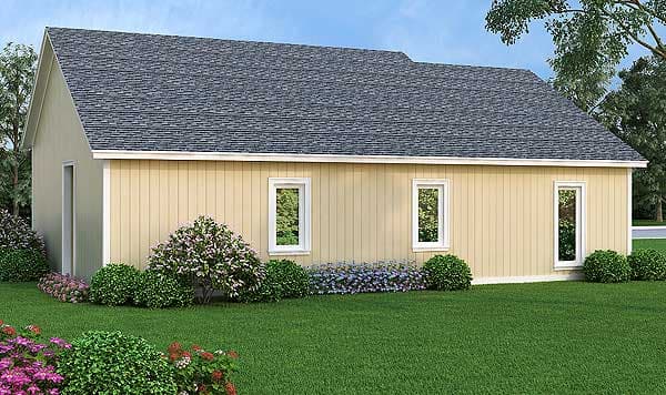 House plan exterior: One-story home with gable roof, beige vertical siding, and three rectangular windows.