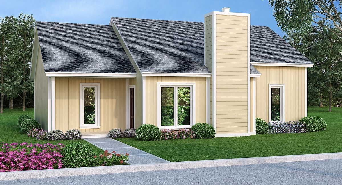 House plan exterior: One-story home with beige siding, prominent chimney, and gabled roof.