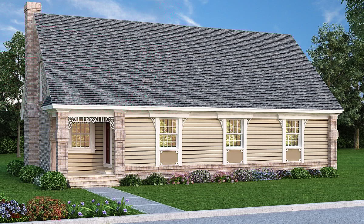 House plan exterior: Gable roof, prominent brick chimney, light-colored siding, and decorative porch supports.