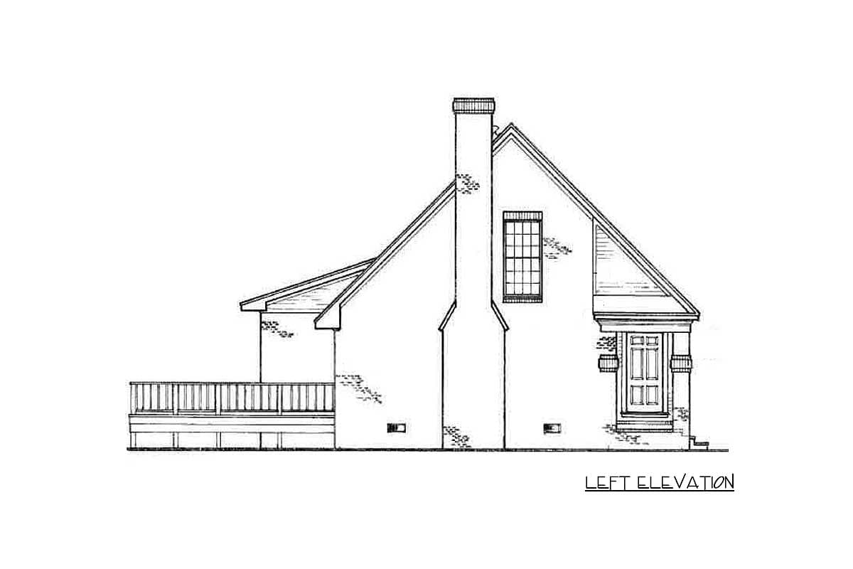 Left elevation drawing of a house plan featuring a prominent chimney, a second-story window, a front door with a small porch, and a deck.