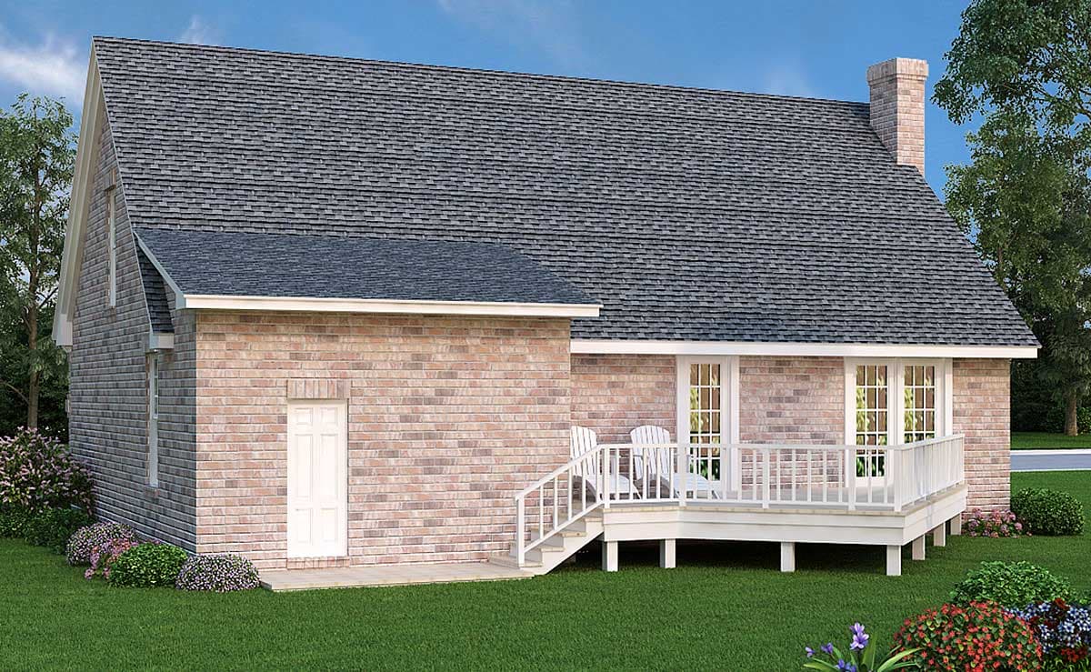 House plan exterior with brick siding, gabled dormer, deck with stairs, and brick chimney.