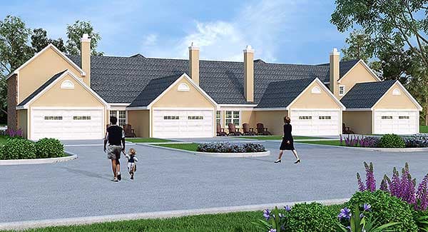 House plan exterior with a long central roofline, multiple gables, five garage doors, and tall chimneys.