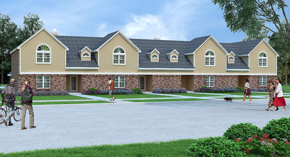 House plan exterior: Two-story townhouses with brick lower levels, arched upper windows, and dormer windows.