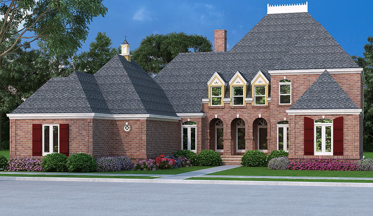 House plan exterior: brick two-story with gambrel rooflines, arched entryway, and dormer windows.