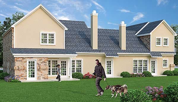 House plan exterior: Two-story home with stucco and brick facade, prominent chimneys, and multi-pane windows.