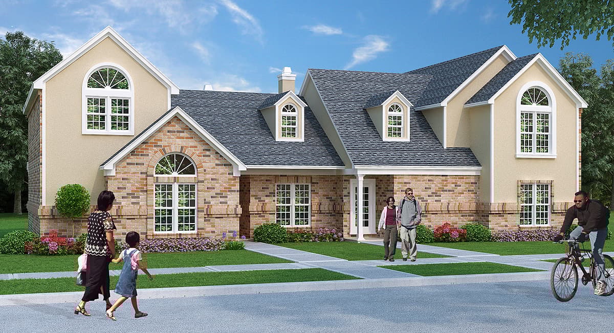 House plan exterior of a two-story home with brick and stucco facade, arched windows, dormers, and a covered entryway.