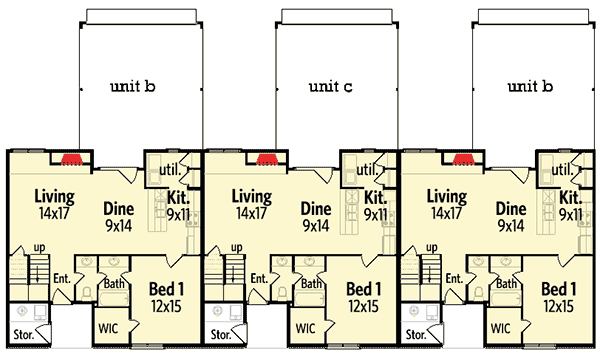 Plan 55171BR: Triplex House Plan with Asymmetrical Middle Unit - Floor Plan - Main Level