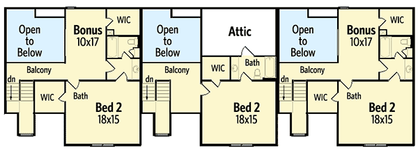 Plan 55171BR: Triplex House Plan with Asymmetrical Middle Unit - Floor Plan - 2nd Floor