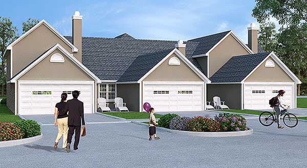 House plan exterior with three garage bays, gabled dormers, and a hipped roofline.
