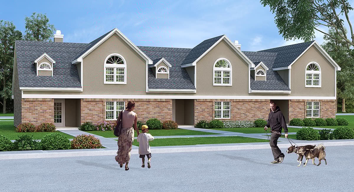House plan exterior: two-story, stucco and brick facade, arched dormers, multiple gables, and central entry.