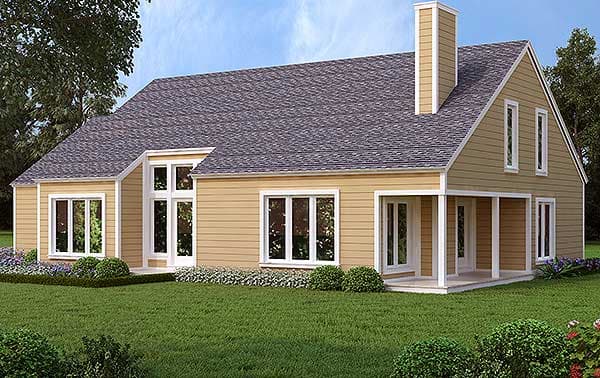 House plan exterior: Ranch style, one story, with a covered porch, multiple gables, and a prominent chimney.