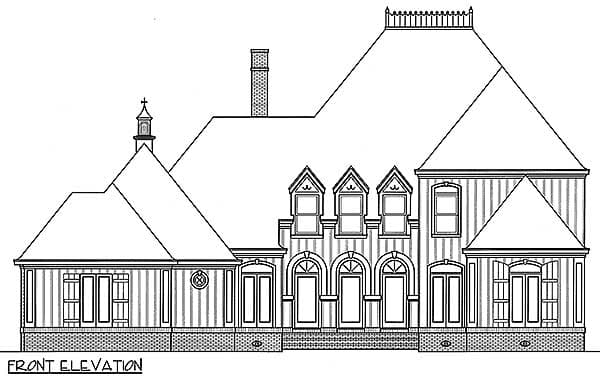 Front elevation drawing of a house plan with multiple gables, arched entryways, and a prominent steep roofline.