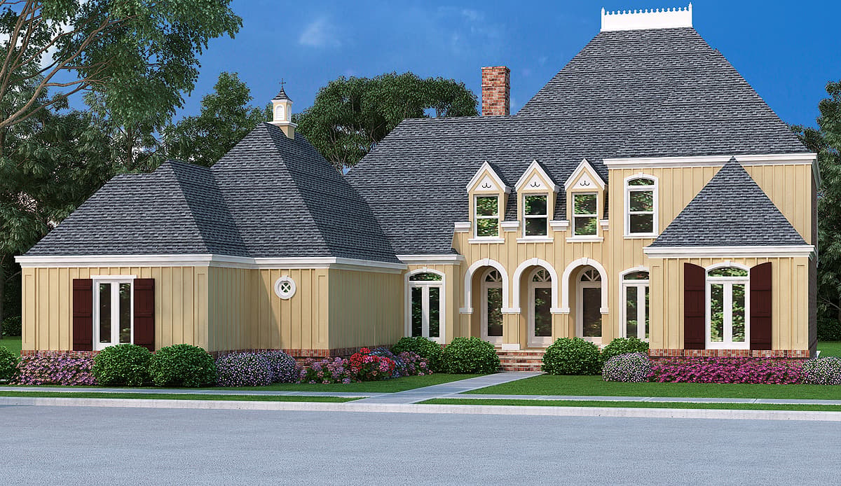 House plan exterior: French Provincial style, two stories, arched entryway, dormer windows, and hip roof.
