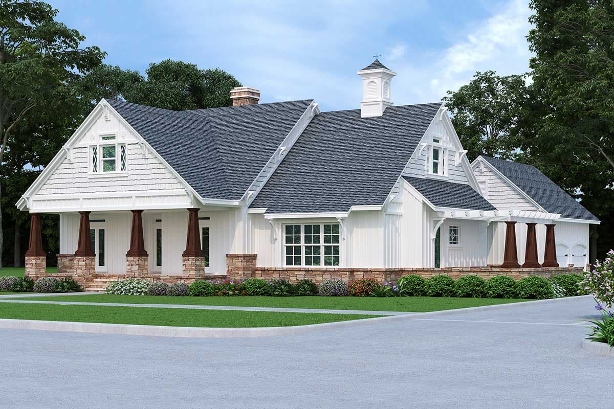 House plan exterior. Craftsman style with two stories, gabled roof, prominent front porch with columns, dormers, and a cupola.