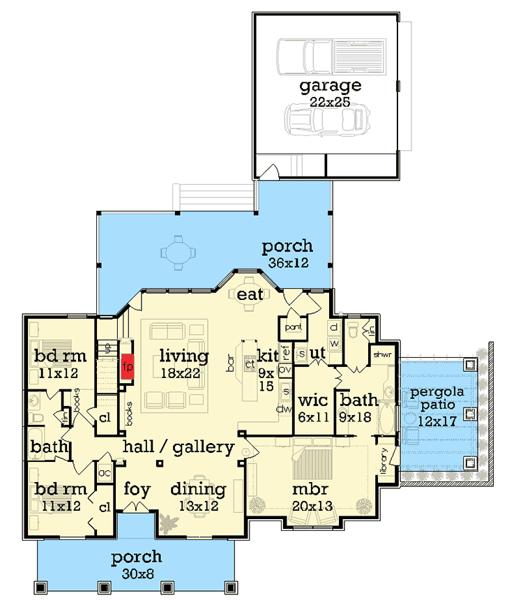 Plan 55174BR: Craftsman with Porches, Pergola and Bonus Room - Floor Plan - Main Level - Country, Craftsman, Northwest
