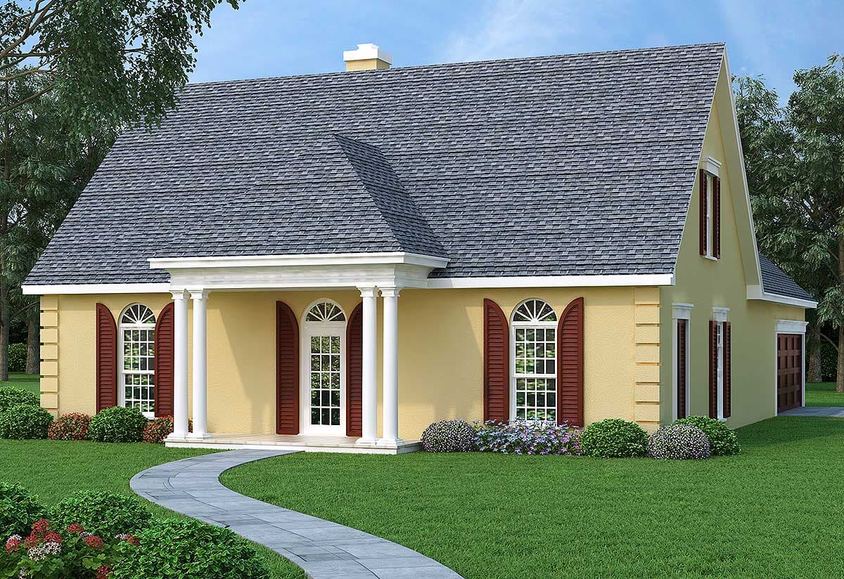 House plan exterior with a covered entry porch, Doric columns, arched windows with shutters, and a steeply pitched gable roof.