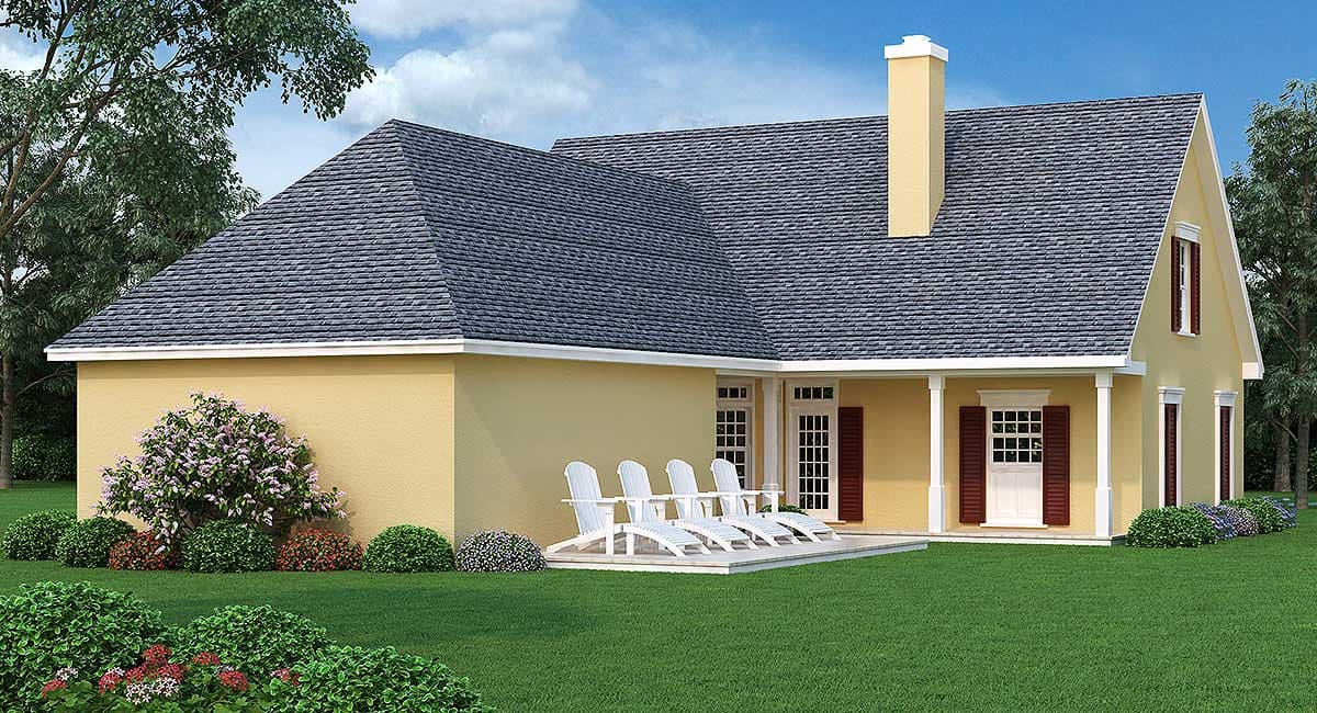 House plan exterior featuring a prominent gable, porch with columns, multiple dormers, and a chimney.