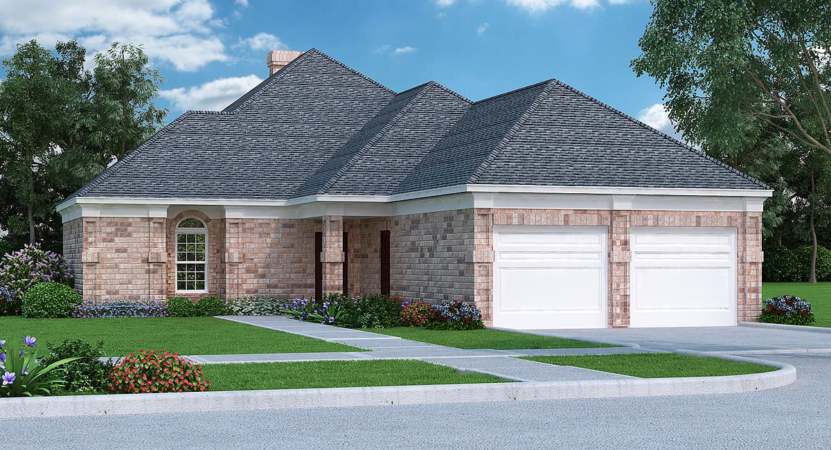 House plan exterior: Single-story brick home with a two-car front-facing garage, arched window, and varied rooflines.