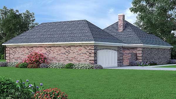 House plan exterior: Single-story brick home with attached garage, arched entry, and brick chimney.