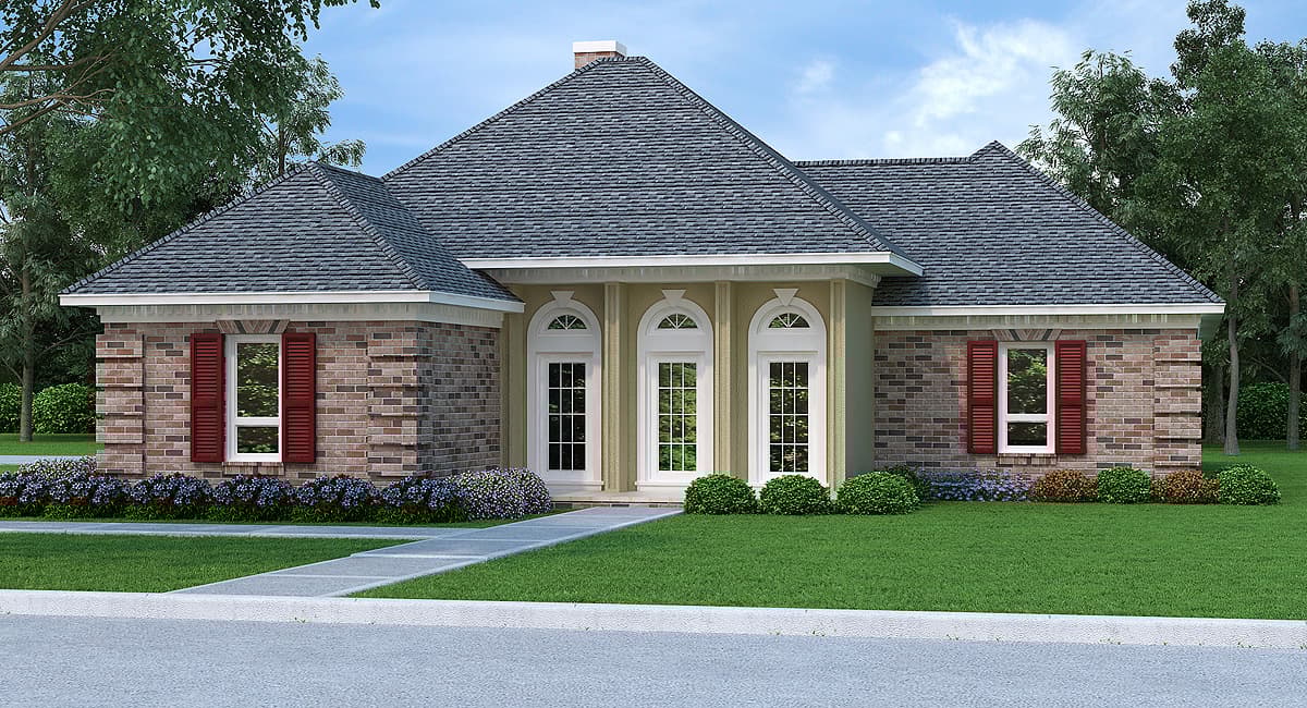 House plan exterior: One-story brick home with arched central windows and red shutters.