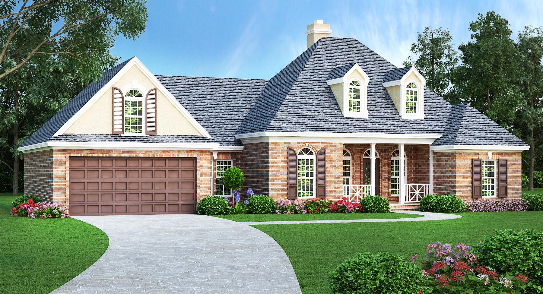 House plan exterior: Brick home with a dormer roof, front-facing garage, and covered front porch with white railings.