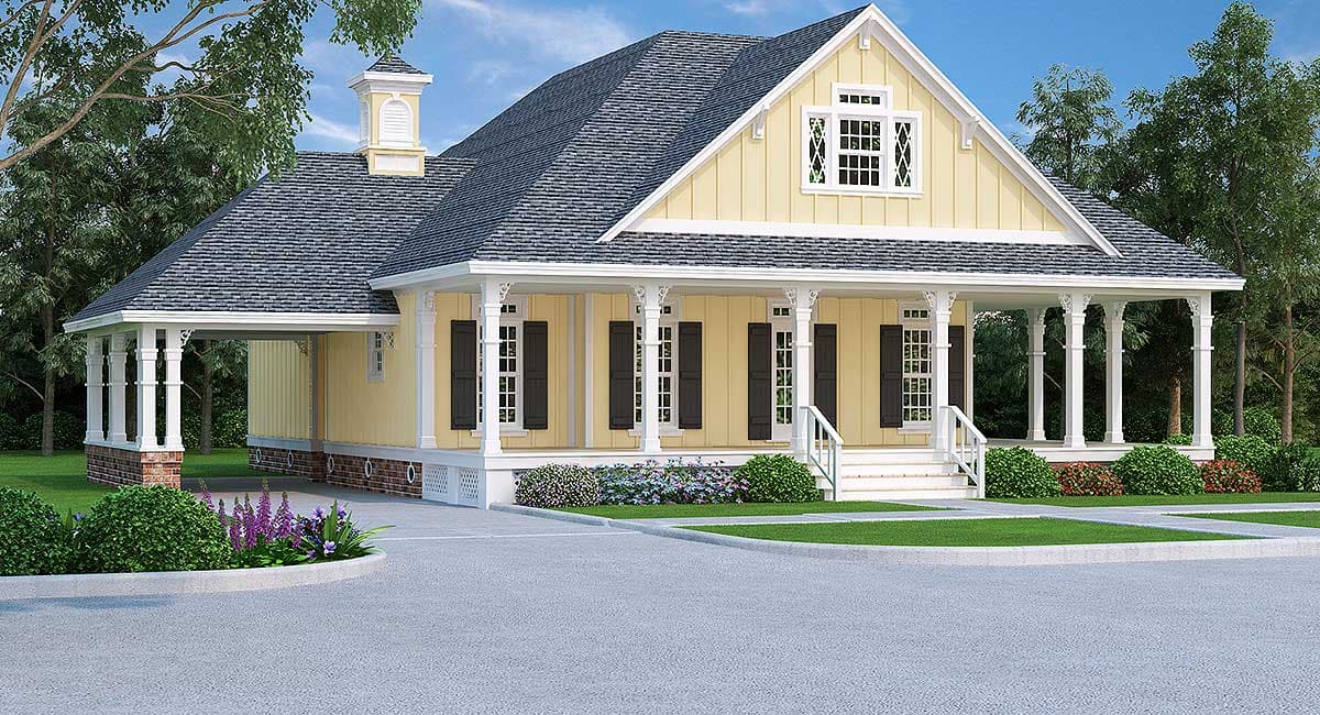 House plan exterior: Single-story home with wraparound porch, dormer window, and covered carport.