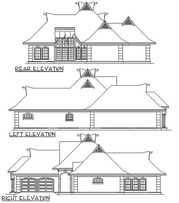 Rear, left, and right elevations of a house plan featuring a multi-gabled roof, dormers, and a three-car garage.