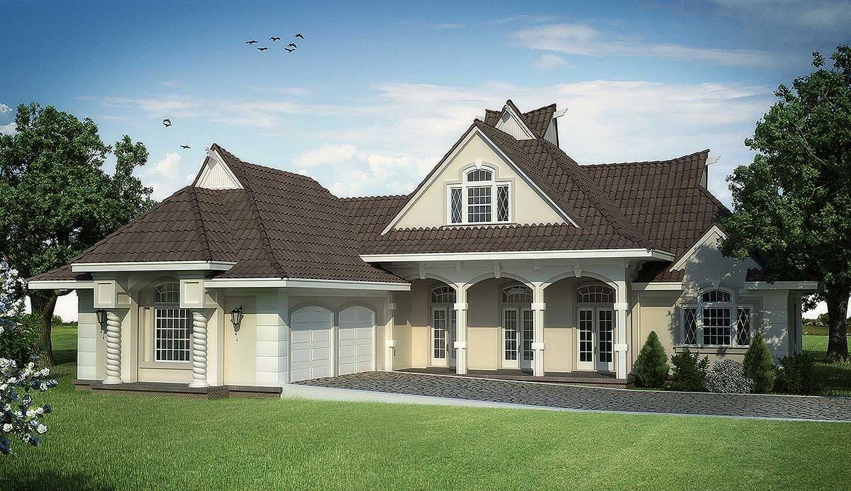 House plan exterior: Two-story home with arched entryway, covered porch with columns, pitched roof, and two-car garage.