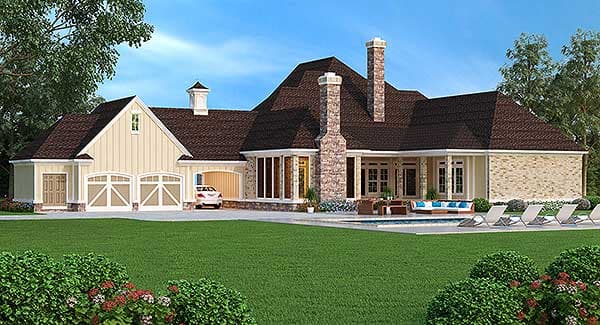 House plan exterior: Ranch style, two-car side-entry garage, stone chimneys, and covered patio.