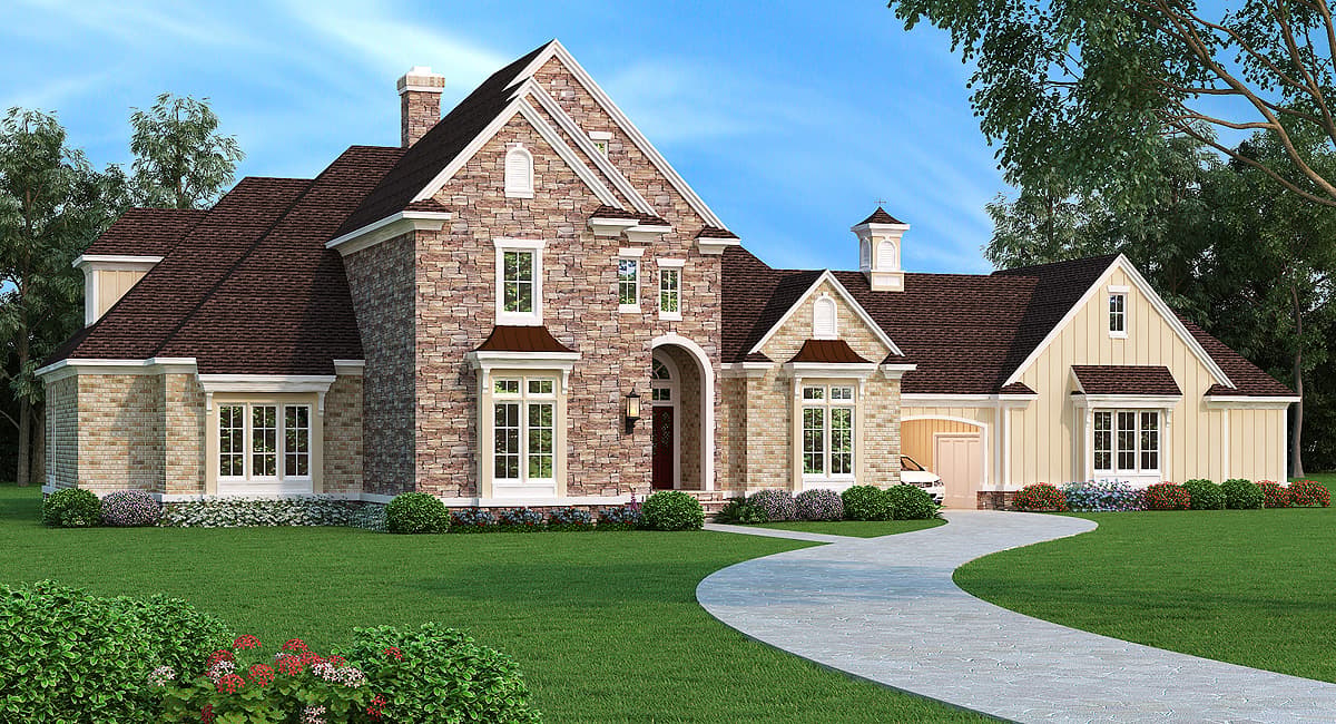 House plan exterior: two-story stone and siding home with arched entryway, prominent gables, dormers, and attached garage.