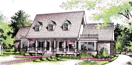 House plan exterior: two-story home with gambrel roof, dormers, and wraparound porch.