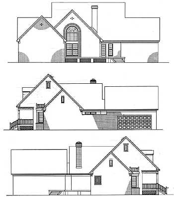 Architectural house plan elevations showing a multi-story structure with gables, arched window, and attached garage.