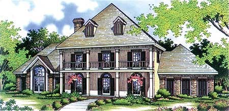 House plan exterior, two-story, Federal style with central balcony, dormers, and arched windows.