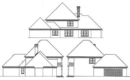 Architectural house plan drawings showing front, side, and rear elevations with multiple gables, a chimney, and a two-car garage.