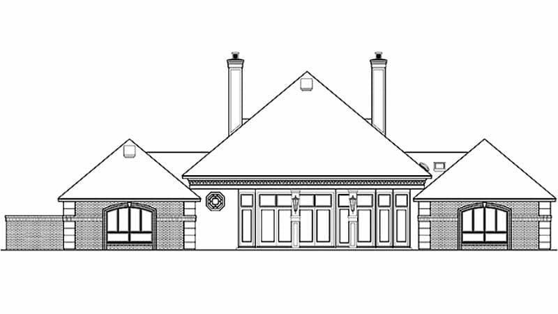 House plan exterior, single-story, with prominent gables, dual chimneys, and arched window openings.