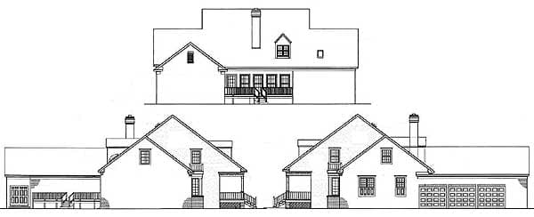 House plan elevations: front, rear, and side views showing gables, chimneys, porch, and a three-car garage.