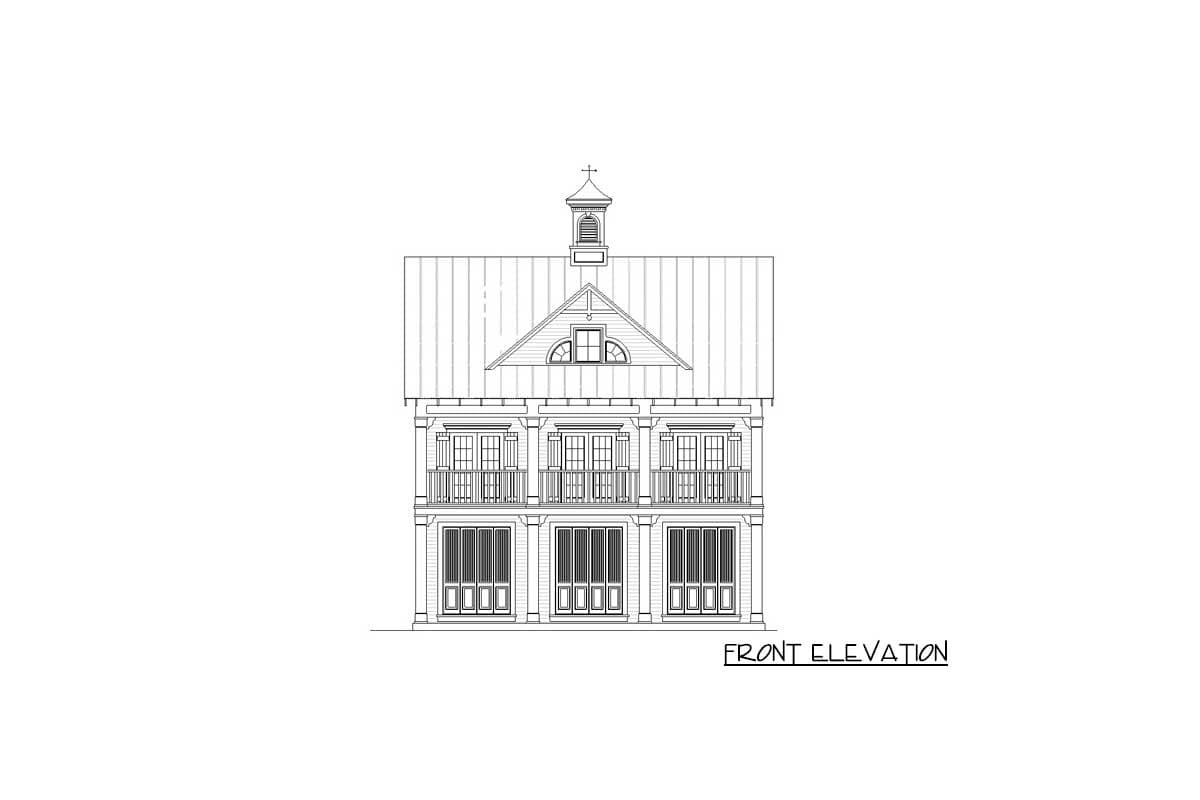 Front elevation drawing of a two-story house plan featuring a metal roof, gables, balconies, and multiple French doors.