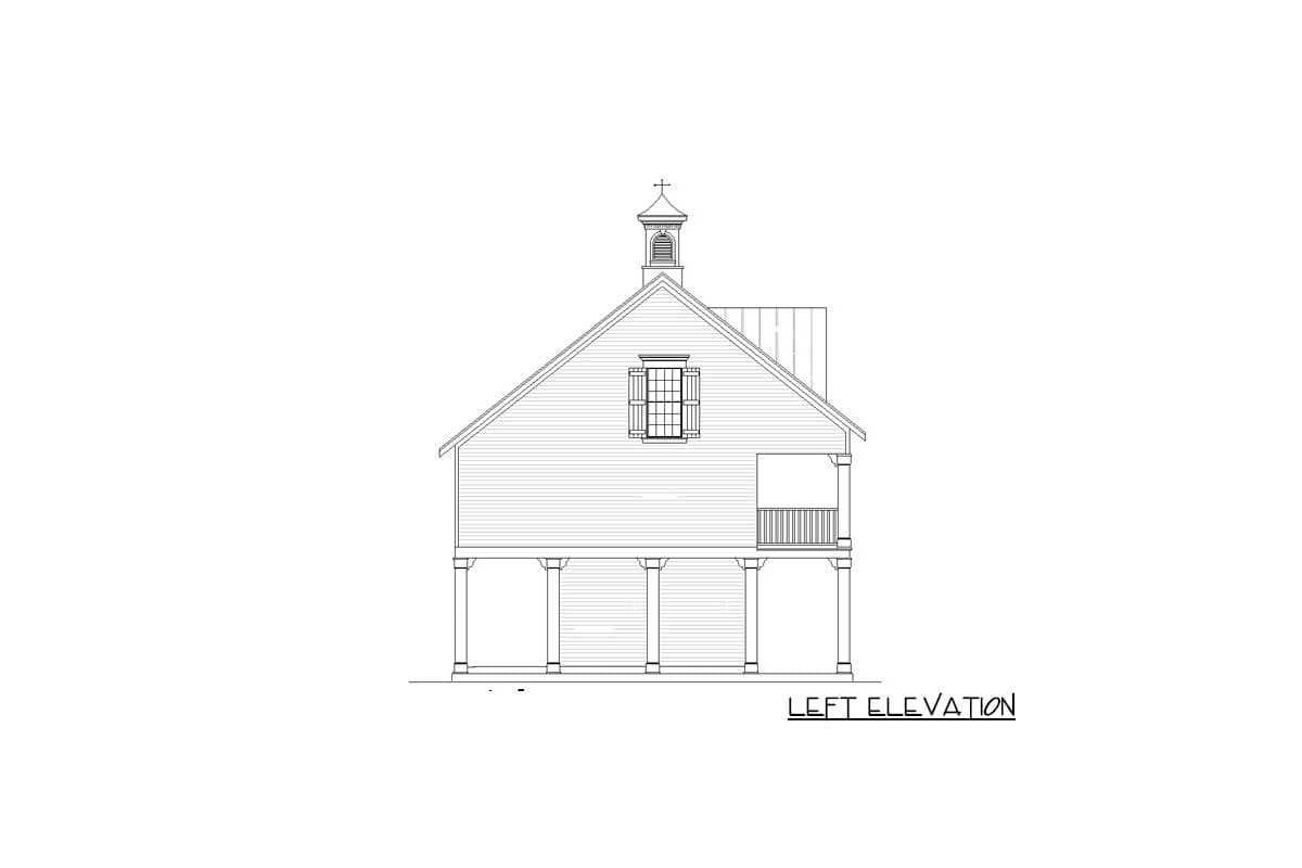 Left elevation drawing of a house plan featuring a bell tower, shutters, and a porch supported by columns.