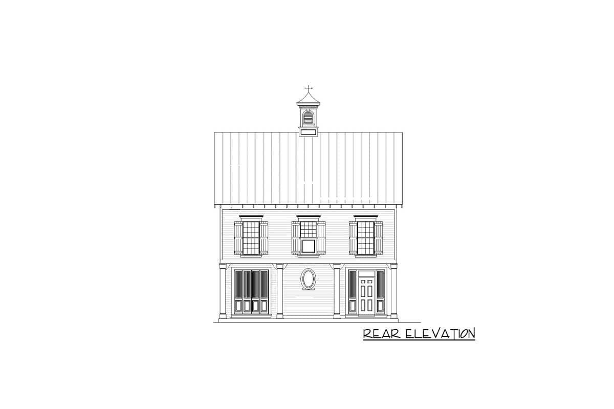 Rear elevation drawing of a two-story house plan with a metal roof, three upper windows, and a covered porch with double doors and a garage door.