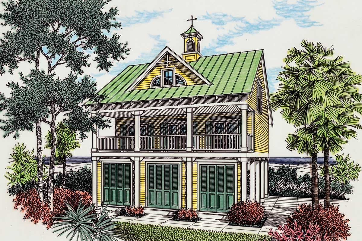 House plan exterior: two-story home with green metal roof, upper porch with white railings, and three garage doors below.