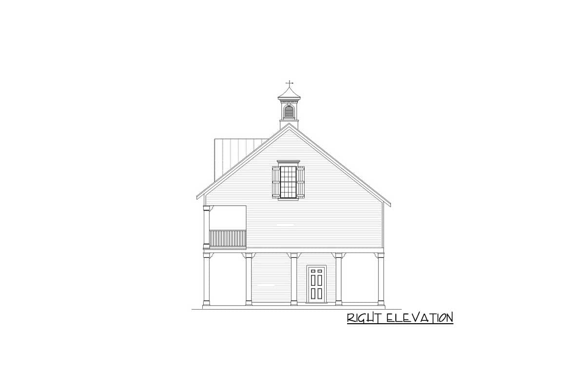 Right elevation house plan: raised foundation, covered porch, dormer window, and cupola.