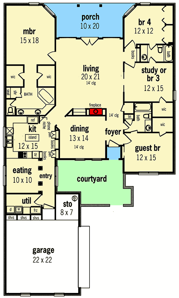 Plan 5574BR: French Country House Plan with Closed Floor Plan and Courtyard - 2366 Sq Ft - Floor Plan - Main Level - Acadian, European, French Country, Louisiana-Style, Southern