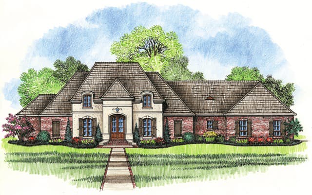 House plan exterior: One-story French-inspired home with brick and stucco facade, prominent gables, mansard roof, and a centered arched entry.