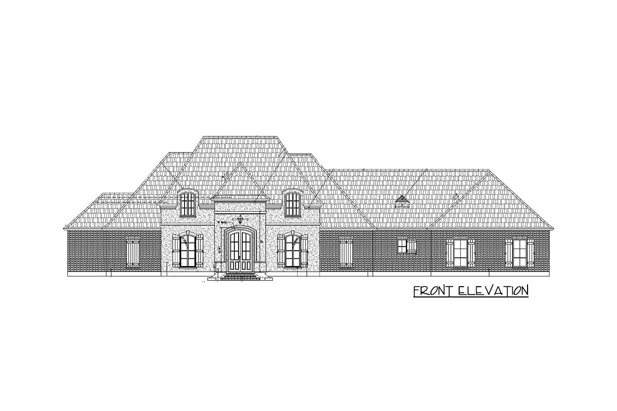 Front elevation drawing of a single-story house with a hip roof, brick facade, arched double doors, and multiple windows.