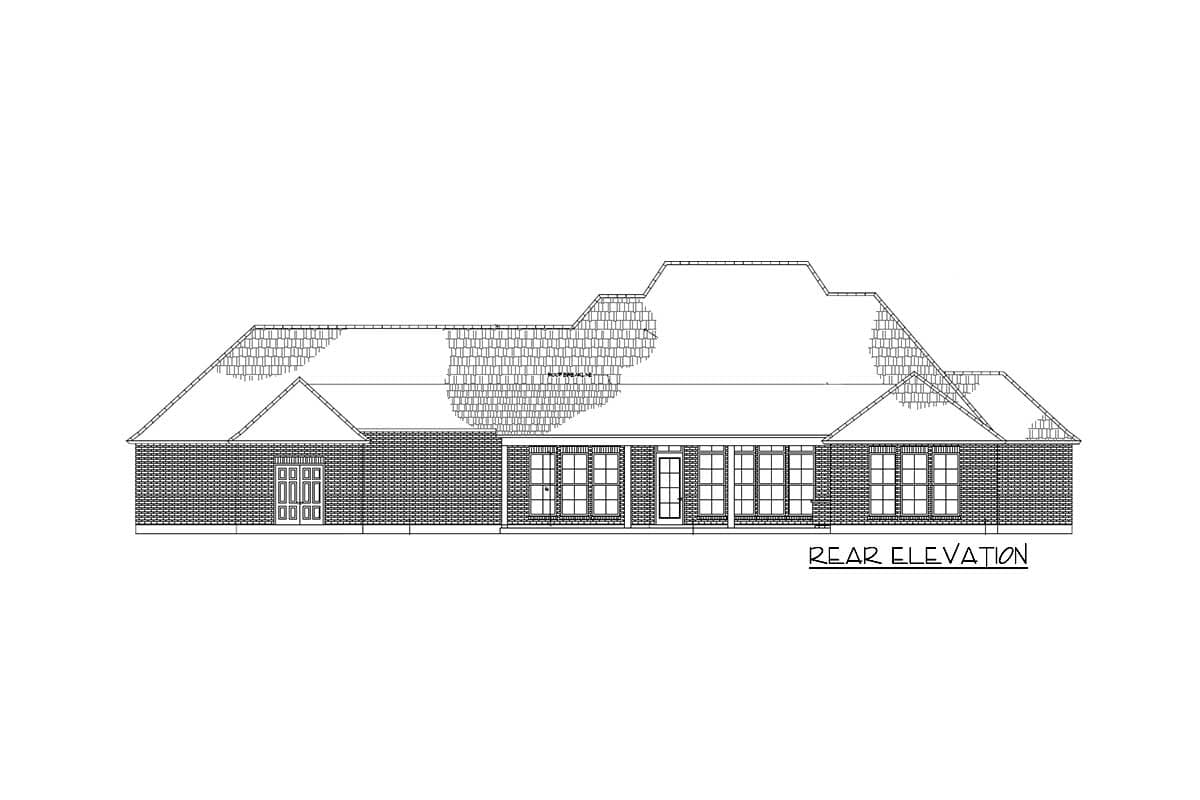 Rear elevation drawing of a single-story house with a brick exterior, multiple gables, and a covered rear porch.