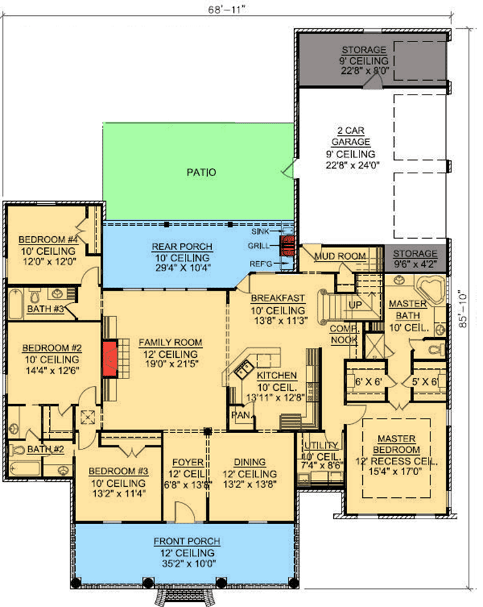 Plan 56301SM: 4 Bedroom Louisiana Style Home Plan - Floor Plan - Main Level - Acadian, European, French Country, Louisiana-Style, Southern
